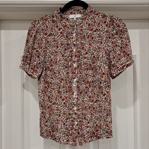 La Redoute France - Short Sleeve Floral Button-Front Blouse - Cream/Red